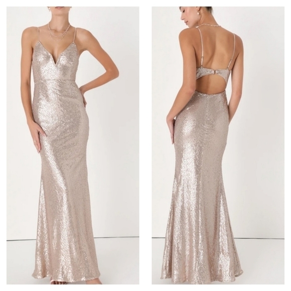 Lulu's Spectacular Moment Rose Gold Mermaid Maxi Sequin Dress Medium - Picture 1 of 13